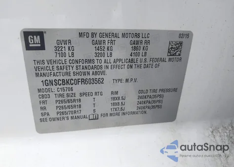 2015 Chevrolet Tahoe Lt из США, поврежденный, VIN 1GNSCBKC0FR603562